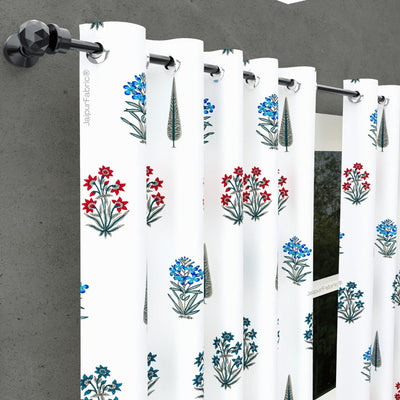 India Blocks of Red Blue Flowers Grey Leaves Block Printed Curtains (Pack of 2)