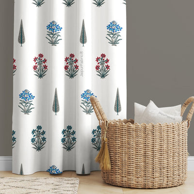 India Blocks of Red Blue Flowers Grey Leaves Block Printed Curtains (Pack of 2)