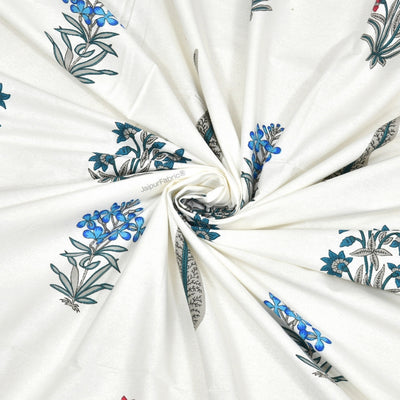 India Blocks of Red Blue Flowers Grey Leaves Block Printed Curtains (Pack of 2)