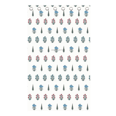 India Blocks of Red Blue Flowers Grey Leaves Block Printed Curtains (Pack of 2)