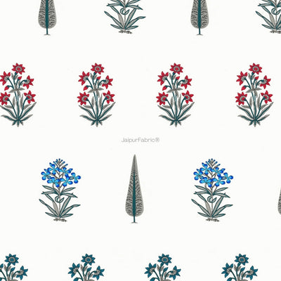 India Blocks of Red Blue Flowers Grey Leaves Block Printed Curtains (Pack of 2)