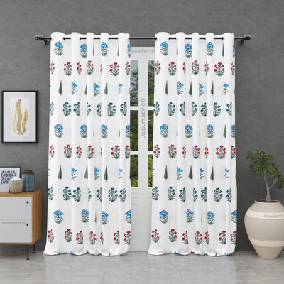 India Blocks of Red Blue Flowers Grey Leaves Block Printed Curtains (Pack of 2)