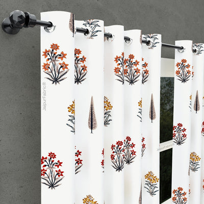 Pink Mustard Flowers Brown Leaves Jaipur Dharohar Boota Print Curtains (Pack of 2)