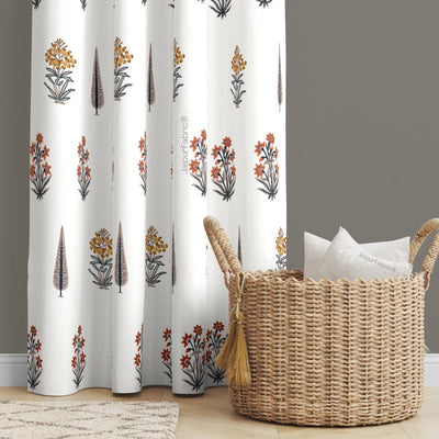 Pink Mustard Flowers Brown Leaves Jaipur Dharohar Boota Print Curtains (Pack of 2)