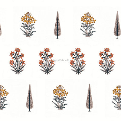 Pink Mustard Flowers Brown Leaves Jaipur Dharohar Boota Print Curtains (Pack of 2)