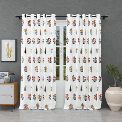 Pink Mustard Flowers Brown Leaves Jaipur Dharohar Boota Print Curtains (Pack of 2)