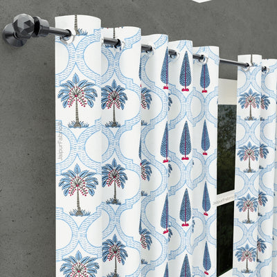 Jaipur Mela Hand Block Printed Blue Trees and Flowers Curtains (Pack of 2)