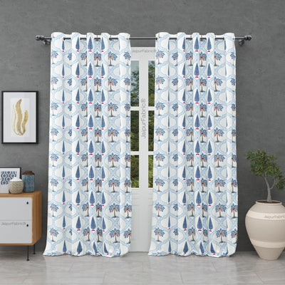 Jaipur Mela Hand Block Printed Blue Trees and Flowers Curtains (Pack of 2)
