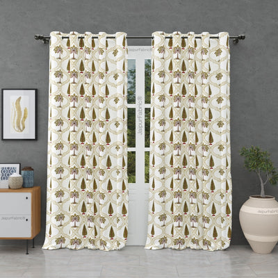 Pinklay Mocha Brown Delight Floral Jaipuri Hand Block Print Curtains (Pack of 2)