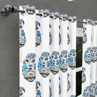 Floral Blue Indian Kairi Design Pinar Block Hand Block Printed Curtains (Pack of 2)