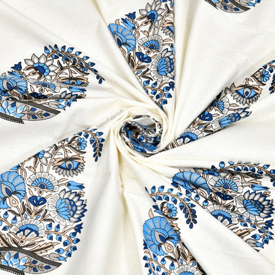 Floral Blue Indian Kairi Design Pinar Block Hand Block Printed Curtains (Pack of 2)
