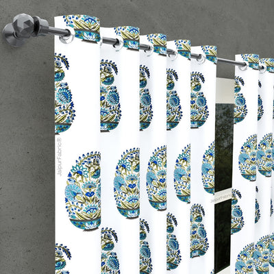 Padma Hand Block Floral Jaipuri Green Kairi Design Curtains Crafted in India (Pack of 2)