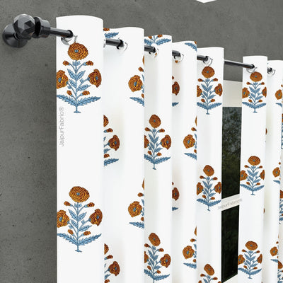 Classic Floral Boota Hand Block Printed Curtains with Marigold Flower and Grey Leaves (Pack of 2)