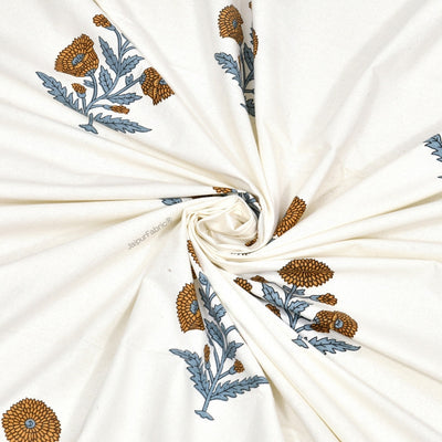 Classic Floral Boota Hand Block Printed Curtains with Marigold Flower and Grey Leaves (Pack of 2)