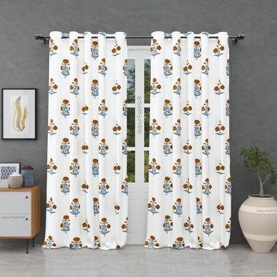 Classic Floral Boota Hand Block Printed Curtains with Marigold Flower and Grey Leaves (Pack of 2)