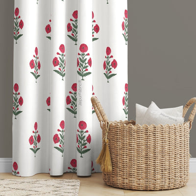 Ocean Enclave Handblock Red Flowers and Green Leaves Curtains (Pack of 2)