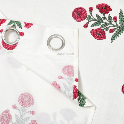 Ocean Enclave Handblock Red Flowers and Green Leaves Curtains (Pack of 2)