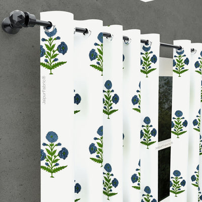 Jaipuri Aachho Hand Block Printed Curtains with Blue Floral Blocks (Pack of 2)