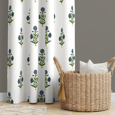Jaipuri Aachho Hand Block Printed Curtains with Blue Floral Blocks (Pack of 2)