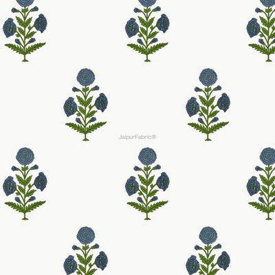 Jaipuri Aachho Hand Block Printed Curtains with Blue Floral Blocks (Pack of 2)