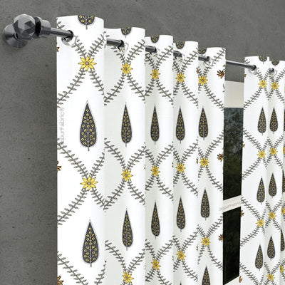 Beautiful Yellow & Grey Pookalam Floral Symphony Rihaa Handblock Printed Curtains (Pack of 2)