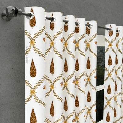 Pinklay Golden Bloom Heritage Curtains with Yellow & Brown Floral Block Prints (Pack of 2)