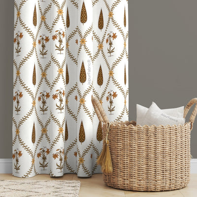 Pinklay Golden Bloom Heritage Curtains with Yellow & Brown Floral Block Prints (Pack of 2)