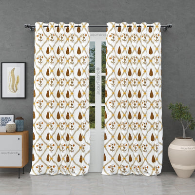 Pinklay Golden Bloom Heritage Curtains with Yellow & Brown Floral Block Prints (Pack of 2)
