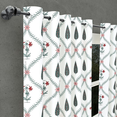 Madhuban Handblock Curtains Pink Flowers and Green Leaves (Pack of 2)