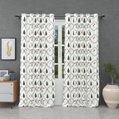 Madhuban Handblock Curtains Pink Flowers and Green Leaves (Pack of 2)