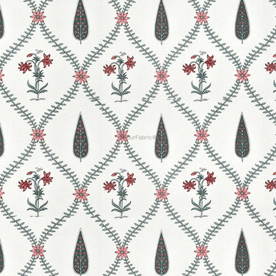 Madhuban Handblock Curtains Pink Flowers and Green Leaves (Pack of 2)