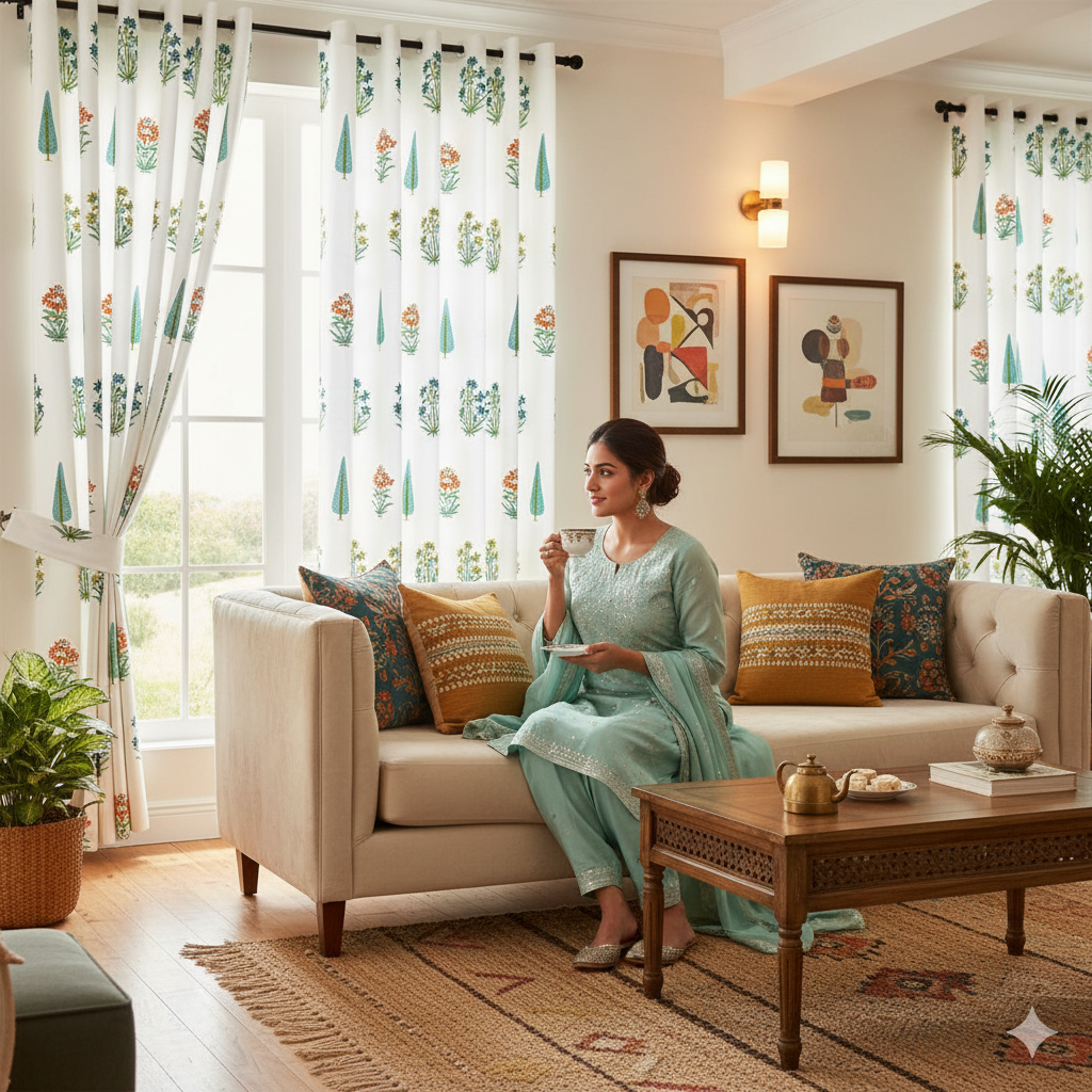 Jaipur Mela Hand Block Printed Sea Green Trees and Flowers Curtains (Pack of 2)