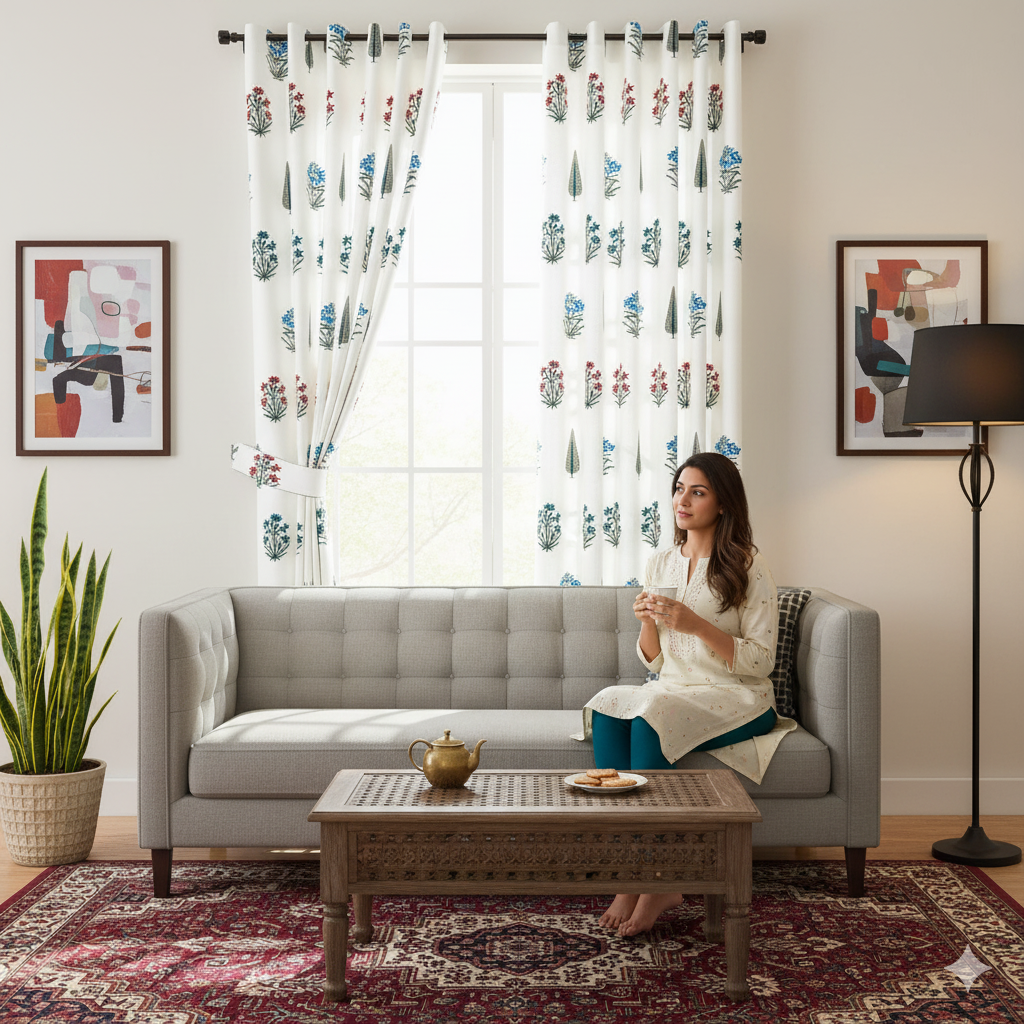 India Blocks of Red Blue Flowers Grey Leaves Block Printed Curtains (Pack of 2)