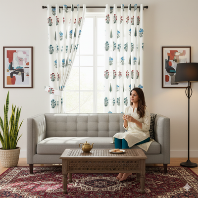 India Blocks of Red Blue Flowers Grey Leaves Block Printed Curtains (Pack of 2)