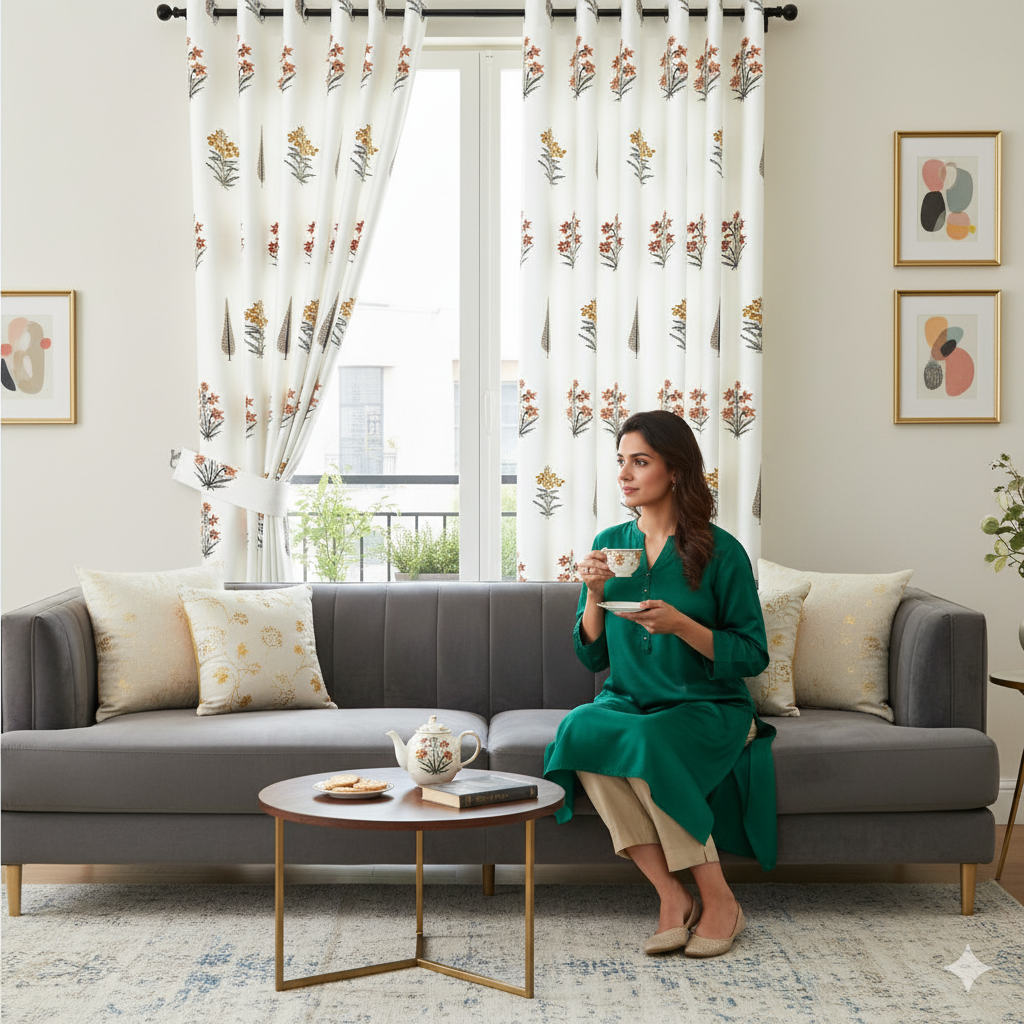 Pink Mustard Flowers Brown Leaves Jaipur Dharohar Boota Print Curtains (Pack of 2)