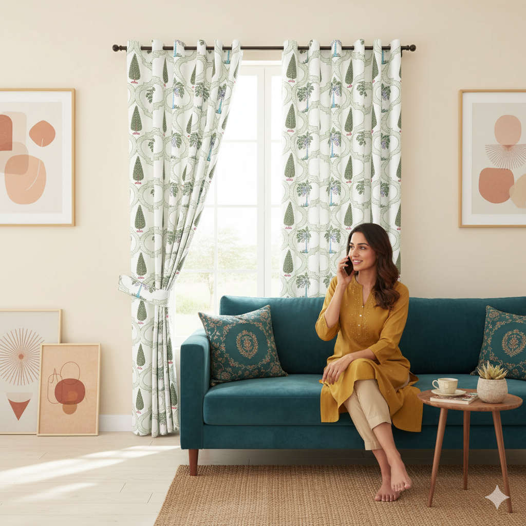 Hand Block Printroots Printed Curtains with Intricate Floral Designs (Pack of 2)