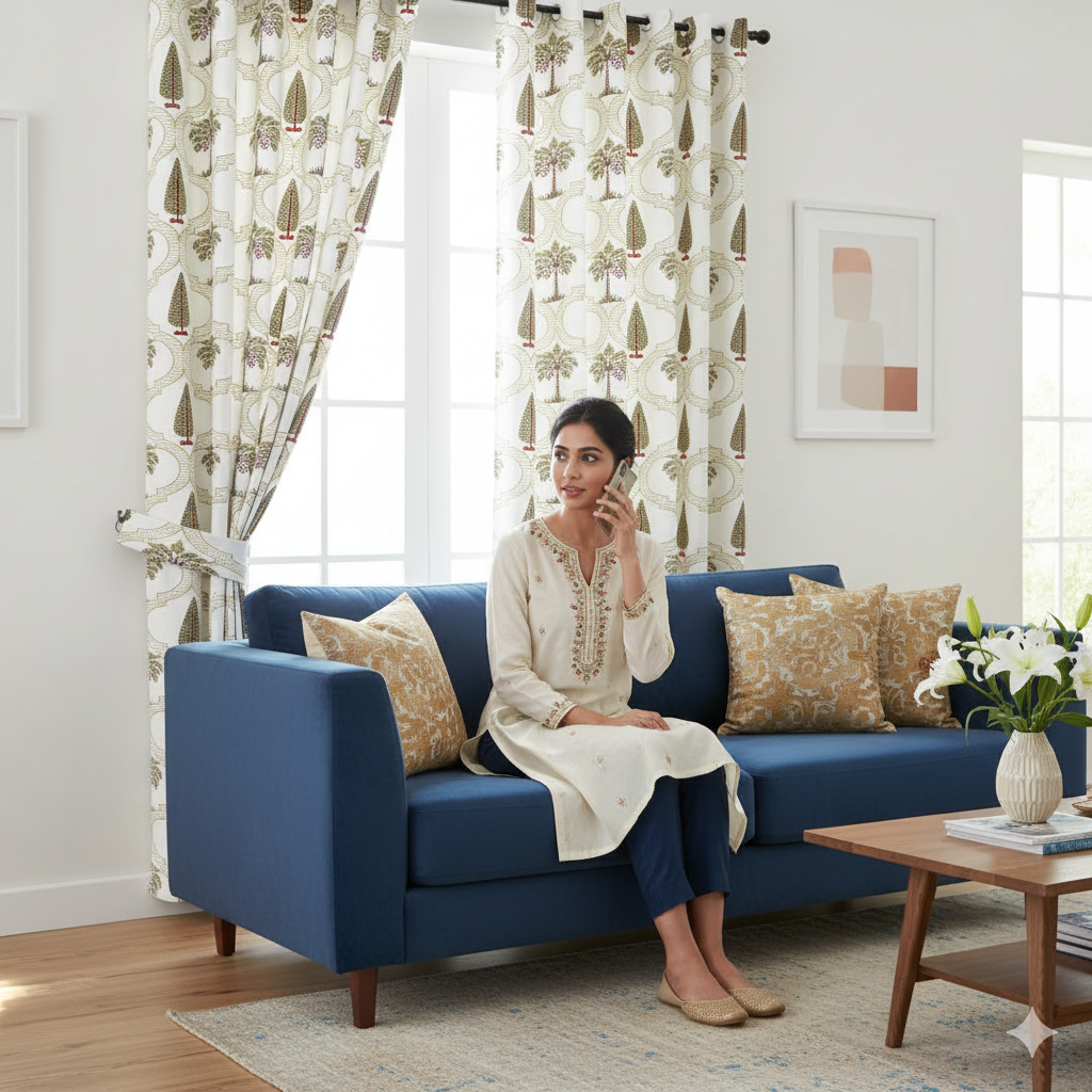 Pinklay Mocha Brown Delight Floral Jaipuri Hand Block Print Curtains (Pack of 2)