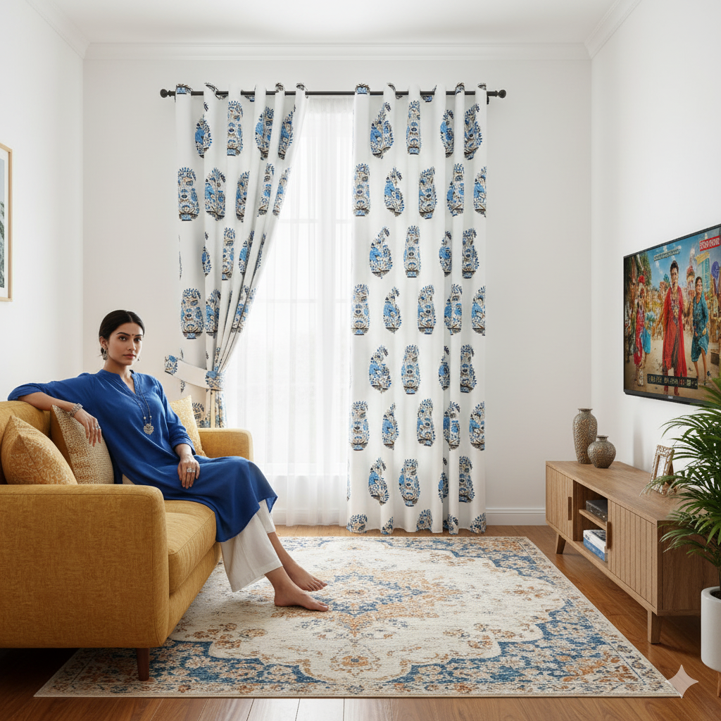 Floral Blue Indian Kairi Design Pinar Block Hand Block Printed Curtains (Pack of 2)