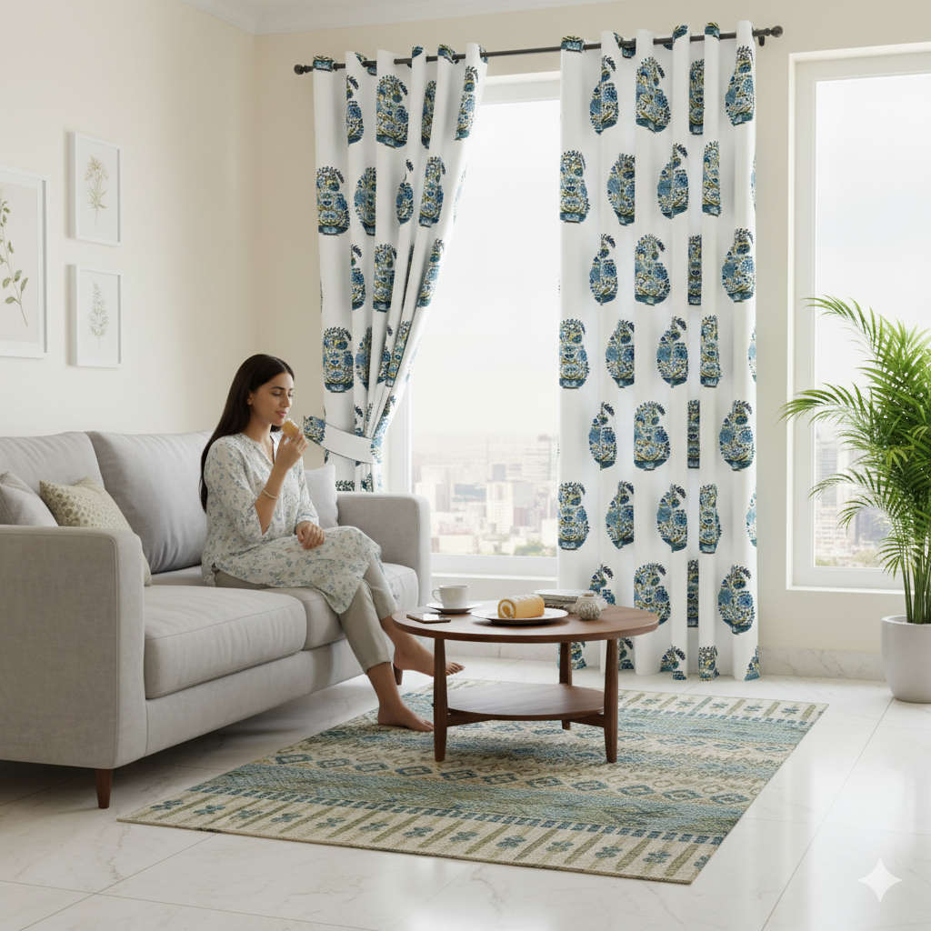 Padma Hand Block Floral Jaipuri Green Kairi Design Curtains Crafted in India (Pack of 2)