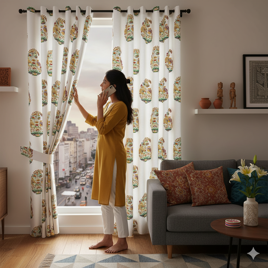 Hand Block Printed Curtains Floral Valley Bunai Pattern Indian Kairi Design Curtains (Pack of 2)