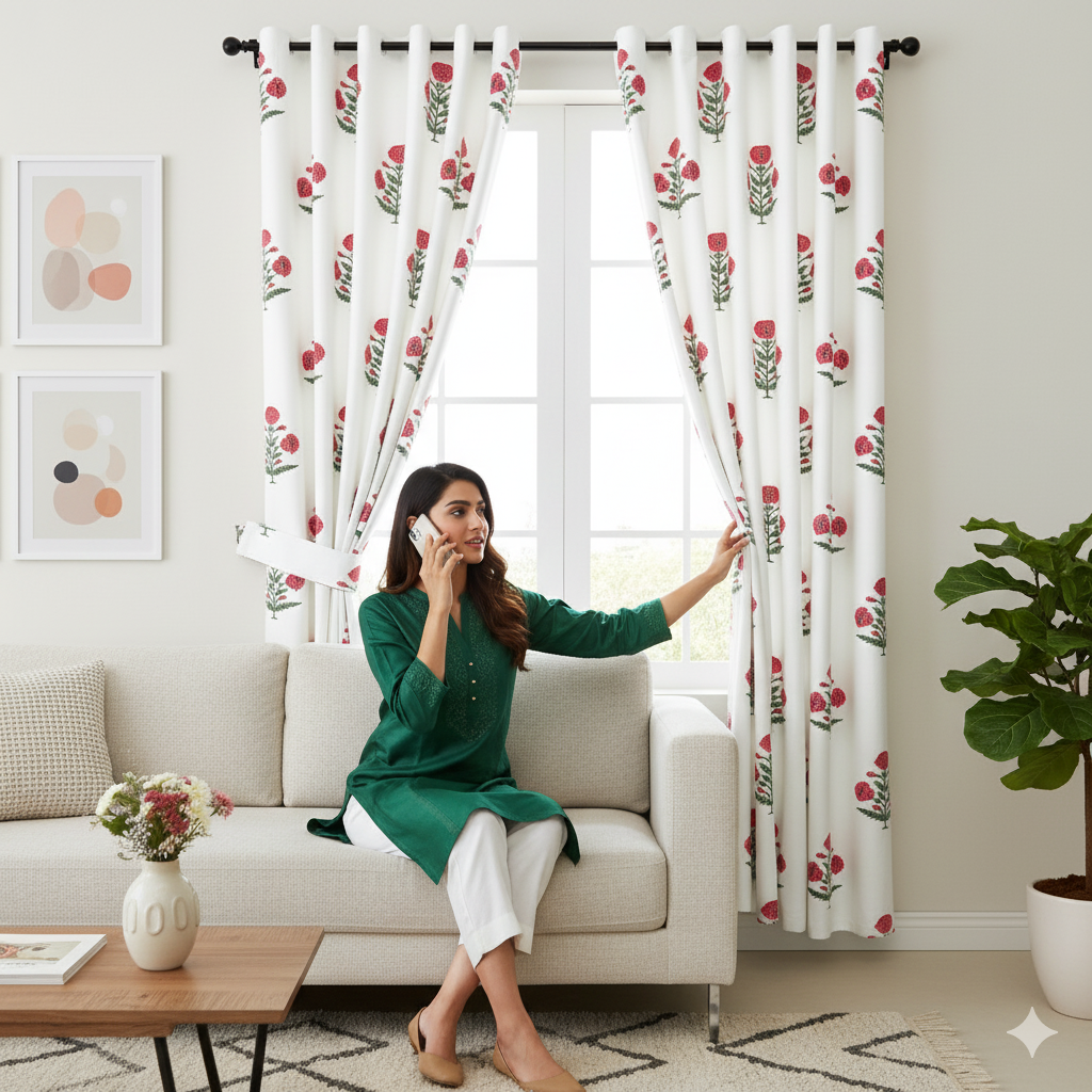 Ocean Enclave Handblock Red Flowers and Green Leaves Curtains (Pack of 2)
