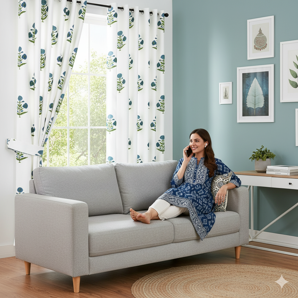 Jaipuri Aachho Hand Block Printed Curtains with Blue Floral Blocks (Pack of 2)