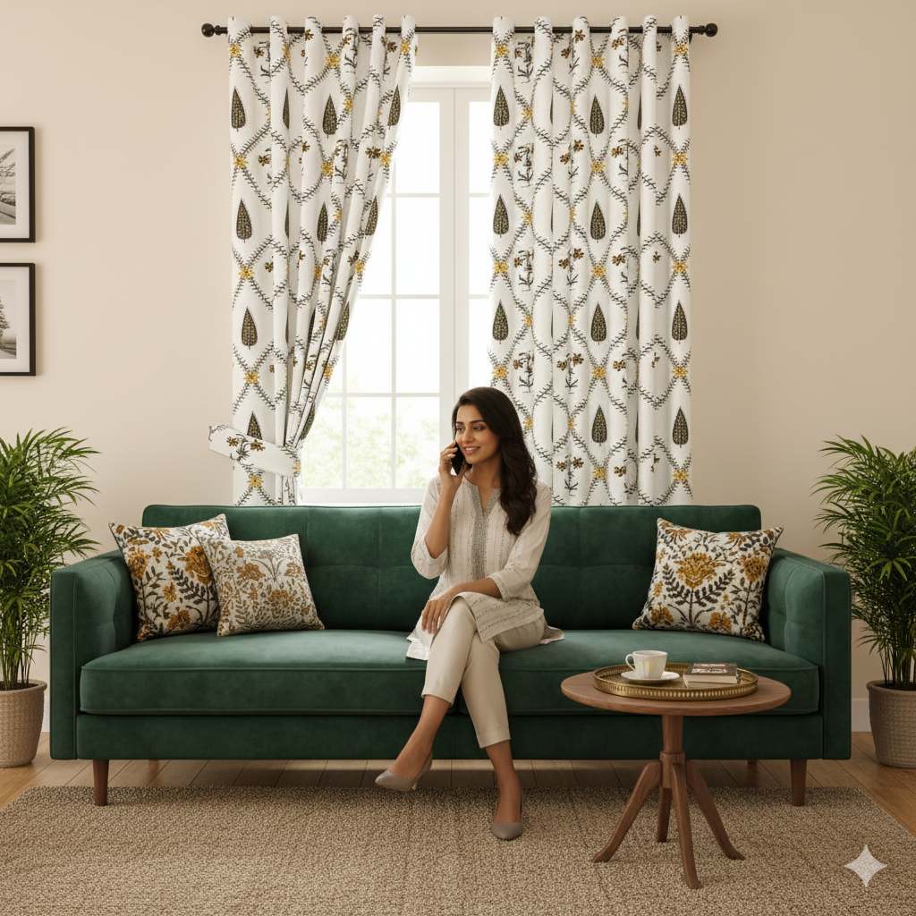 Beautiful Yellow & Grey Pookalam Floral Symphony Rihaa Handblock Printed Curtains (Pack of 2)