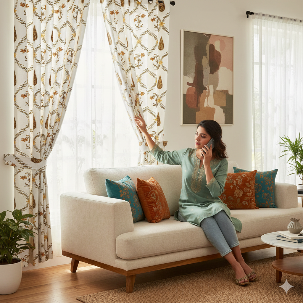 Pinklay Golden Bloom Heritage Curtains with Yellow & Brown Floral Block Prints (Pack of 2)