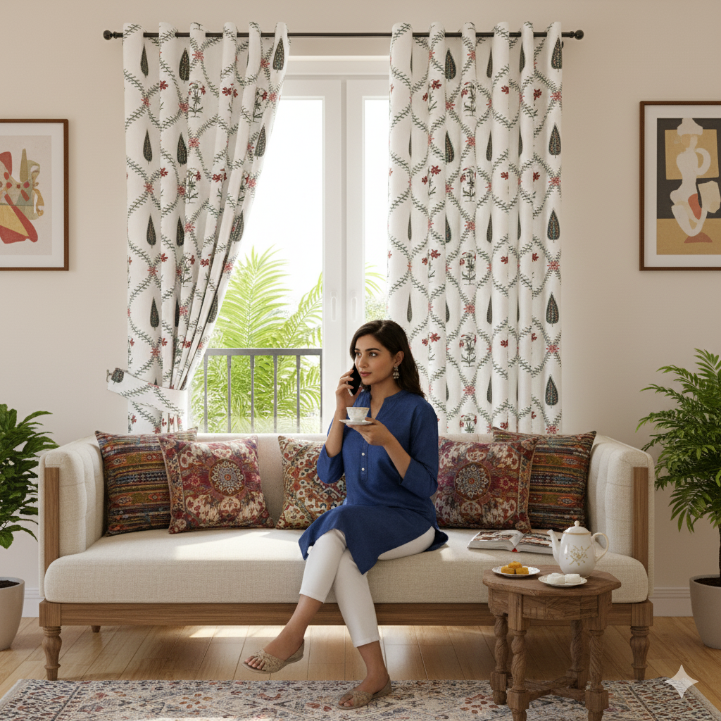 Madhuban Handblock Curtains Pink Flowers and Green Leaves (Pack of 2)