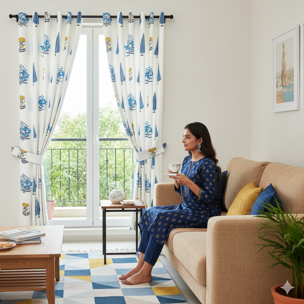 Beautiful Plarsh Floral Premium Hand Blocks of India Cotton Curtains (Pack of 2)