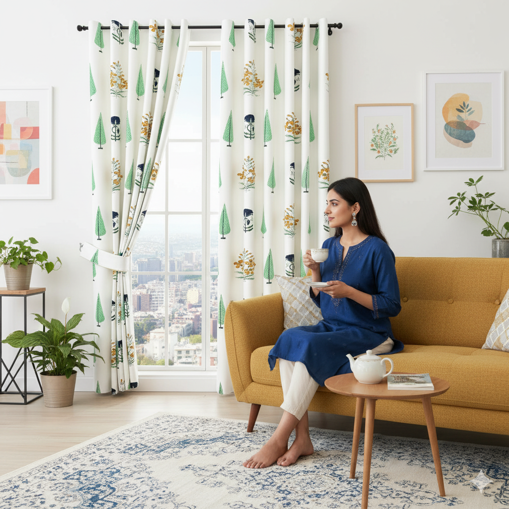 Vintage Flora Hand Block 100% Cotton Premium Curtains (Pack of 2)