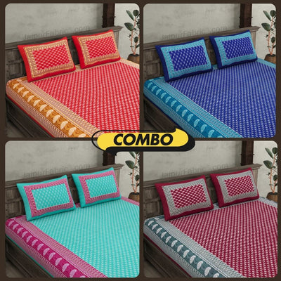 Floral Pattern Screen Print Cotton Double Bedsheet Combo of 4
