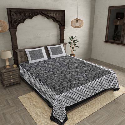 Black  Border White Base Bandhej Pattern Screen Print Cotton Double Bed Sheet