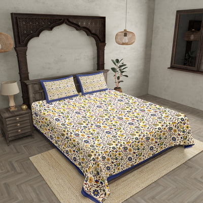 Double bedsheet with Blue  Border Branch of   Pomegranate With Two Pillow Cover